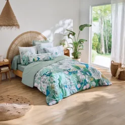 Parure de lit 2 pièces percale de coton feuillage exotique housse + taie