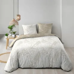 Parure de lit réversible en coton motif feuillage