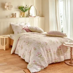 Parure de lit réversible texturée 3 pièces florale housse + taies