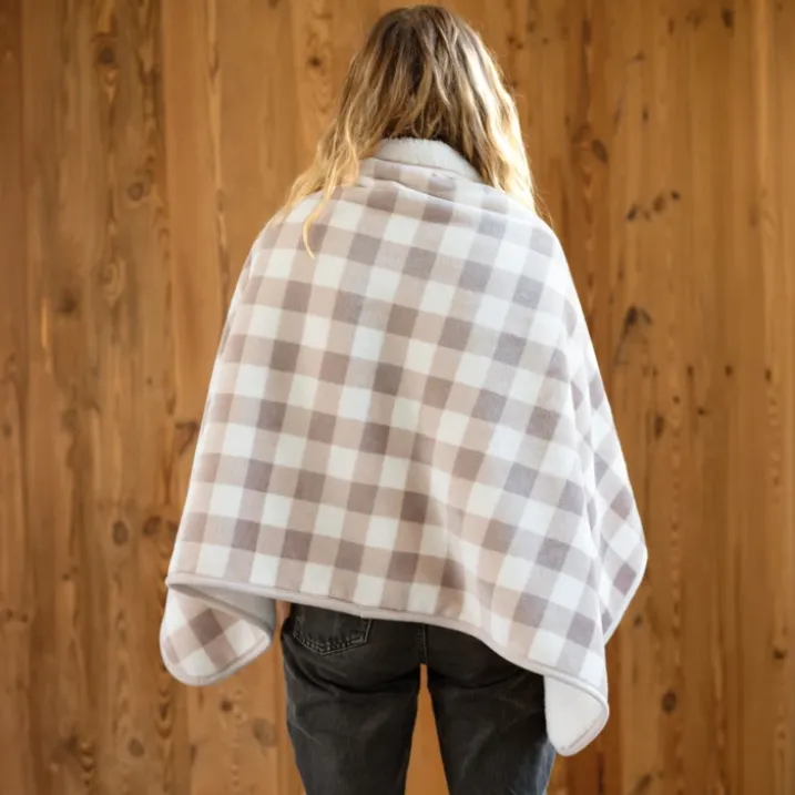 Plaid poncho 2 en 1 polaire avec boutons pression – motif vichy