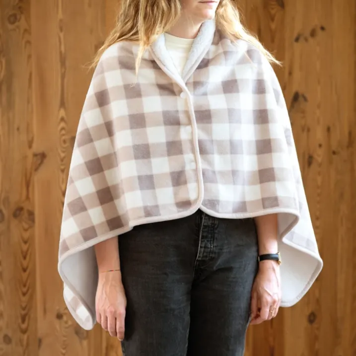 Plaid poncho 2 en 1 polaire avec boutons pression – motif vichy