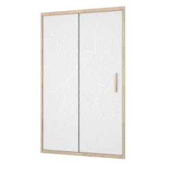 Porte de douche coulissante décor bois verre sérigraphié motif arrondi