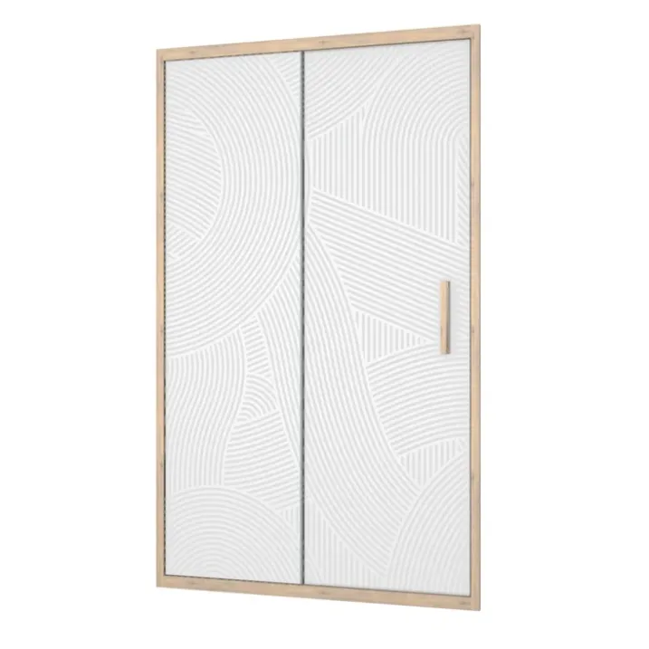 Porte de douche coulissante décor bois verre sérigraphié motif arrondi