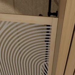 Porte de douche coulissante décor bois verre sérigraphié motif arrondi