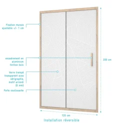Porte de douche coulissante décor bois verre sérigraphié motif arrondi