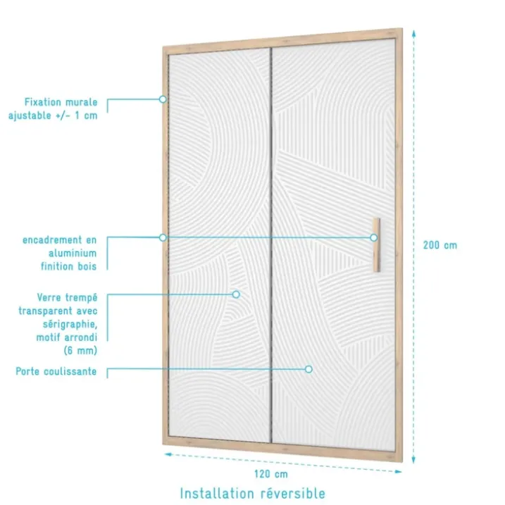 Porte de douche coulissante décor bois verre sérigraphié motif arrondi
