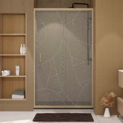 Porte de douche coulissante décor bois verre sérigraphié motif arrondi