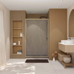 Porte de douche coulissante décor bois verre sérigraphié motif arrondi
