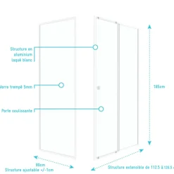 Porte de douche coulissante en verre trempé avec paroi de retour