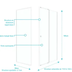 Porte de douche coulissante en verre trempé avec paroi de retour