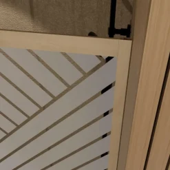 Porte de douche coulissante verre sérigraphié motif géométrique finition bois