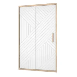 Porte de douche coulissante verre sérigraphié motif géométrique finition bois