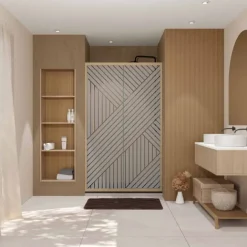 Porte de douche coulissante verre sérigraphié motif géométrique finition bois