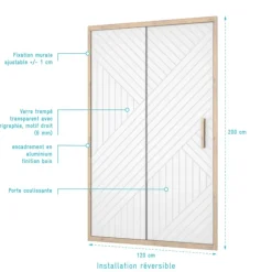 Porte de douche coulissante verre sérigraphié motif géométrique finition bois