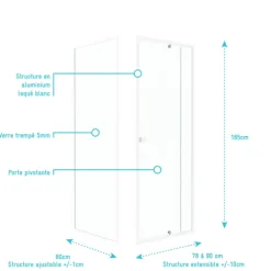 Porte de douche pivotante en verre trempé avec paroi de retour
