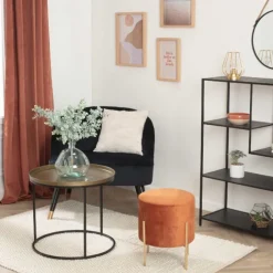 Pouf rond en métal et velours