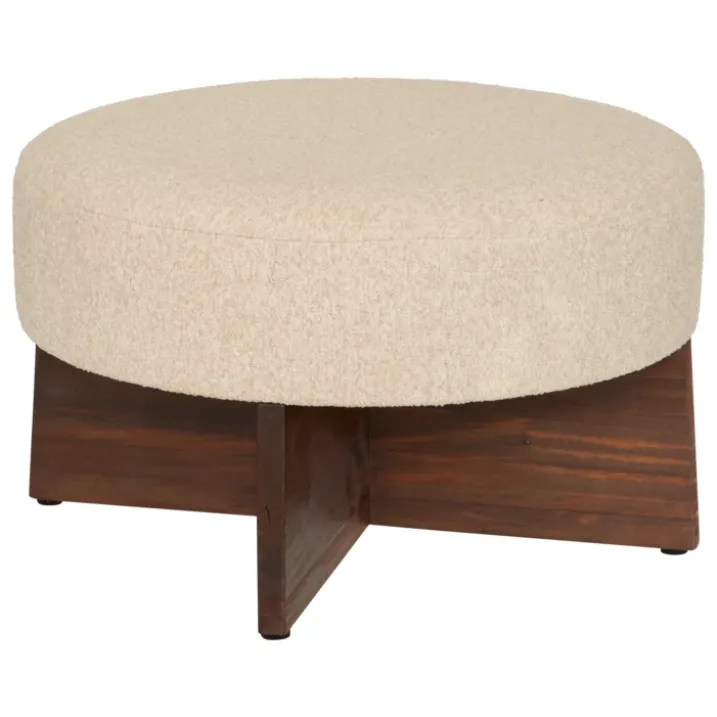 Pouf rond en tissu bouclette avec base bois