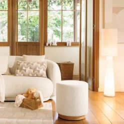 Pouf rond en tissu bouclette avec base bois