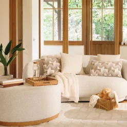 Pouf XL rond en tissu bouclette avec base bois