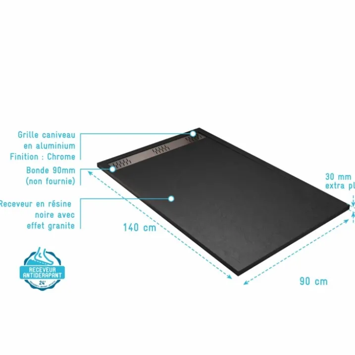 Receveur de douche extra-plat en résine effet pierregrille linéaire chrome