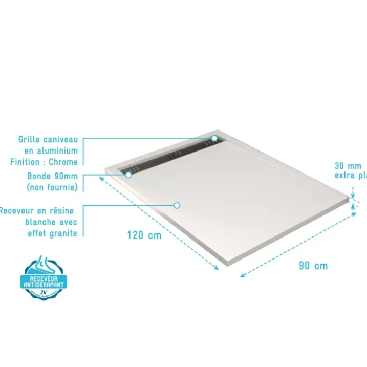 Receveur de douche extra-plat en résine effet pierregrille linéaire chrome
