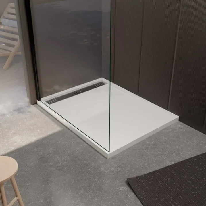 Receveur de douche extra-plat en résine effet pierregrille linéaire chrome