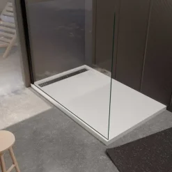 Receveur de douche extra-plat en résine effet pierregrille linéaire chrome