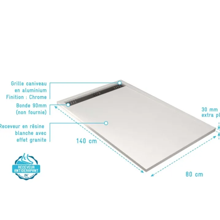 Receveur de douche extra-plat en résine effet pierregrille linéaire chrome