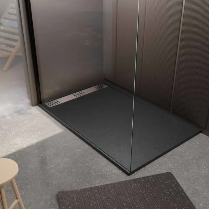 Receveur de douche extra-plat en résine effet pierregrille linéaire chrome
