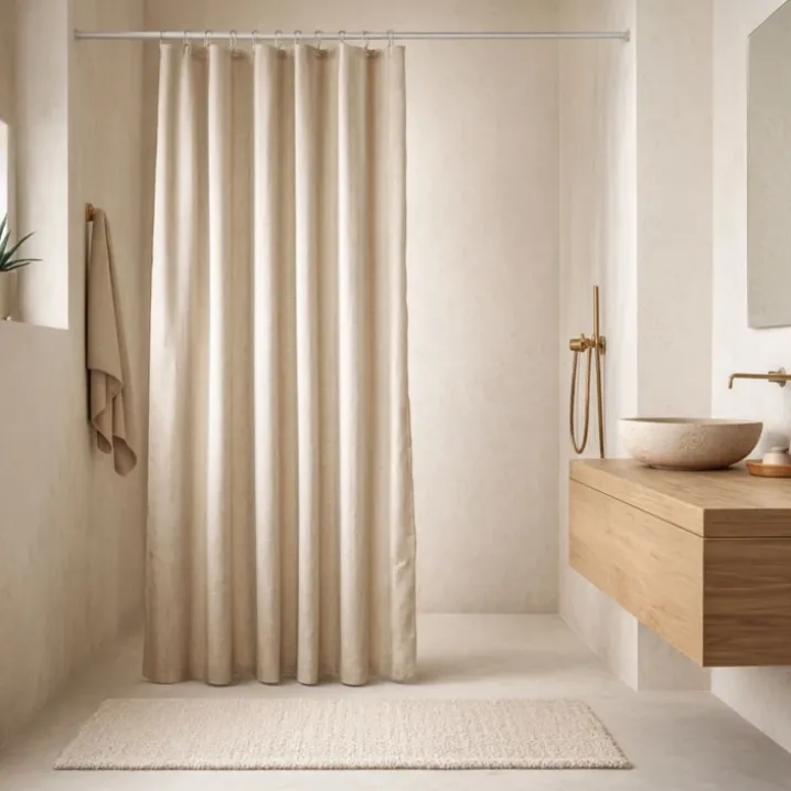 Rideau de douche effet lin crochets transparents