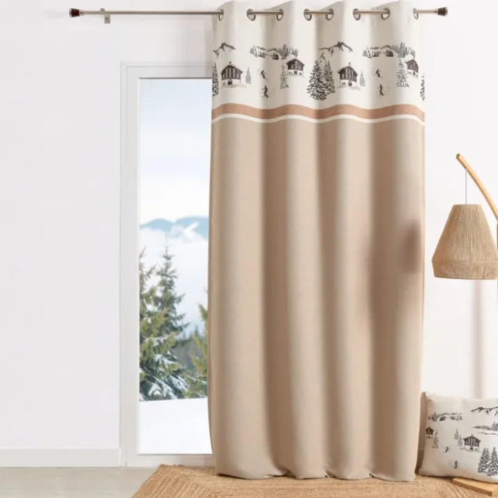 Rideau jacquard à œillets avec motif chalets et sapins
