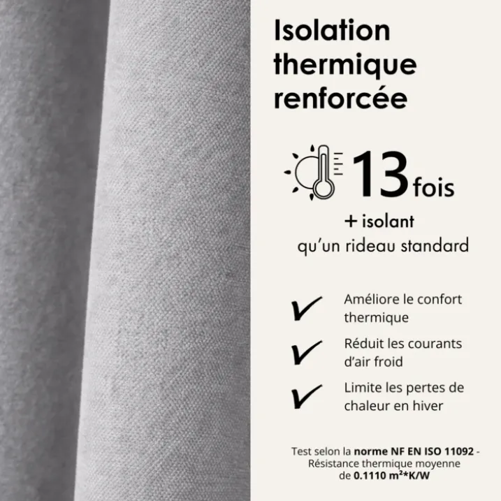 Rideau thermique phonique et semi occultant à galons fronceurs KONFOR