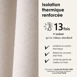 Rideau thermique phonique et semi occultant à galons fronceurs KONFOR