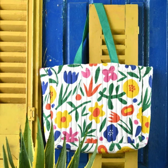Sac cabas polycoton matelassé motif fleurs
