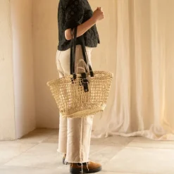 Sac panier en fibre de palmier et anses cuir noir