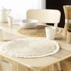 Set de table en lin, paille de maïs et franges