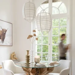 Suspension luminaire en lin et bambou
