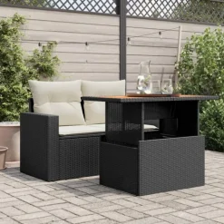 Table basse de jardin relevable en résine tressée et bois