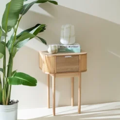 Table de chevet ronde en bois naturel avec tiroir