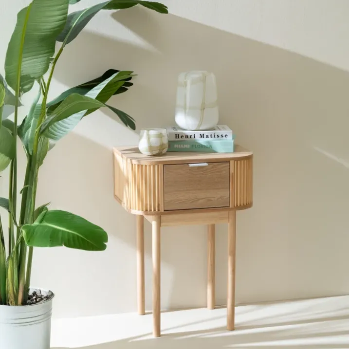 Table de chevet ronde en bois naturel avec tiroir
