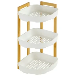 Étagère de douche d’angle 3 niveaux bambou et plastique