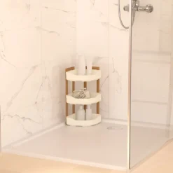 Étagère de douche d’angle 3 niveaux bambou et plastique