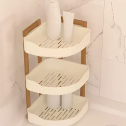 Étagère de douche d’angle 3 niveaux bambou et plastique
