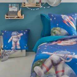 Taie d’oreiller enfant percale de coton astronaute et fusée