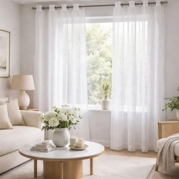 Voilage blanc motifs ondulés brodés