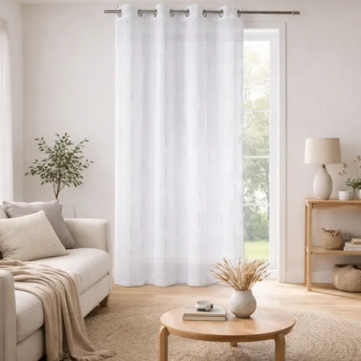Voilage blanc print traits blancs et gris